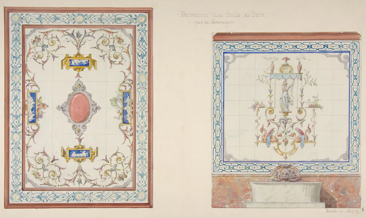 Design for ceramic tile decoration of a bathroom in "Pompeian" manner (possibly for Deepdene, Dorking, Surrey) by Jules-Edmond-Charles Lachaise, drawing, 1850-1900