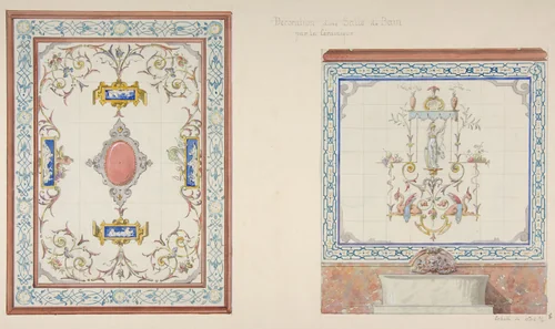 Design for ceramic tile decoration of a bathroom in "Pompeian" manner (possibly for Deepdene, Dorking, Surrey) by Jules-Edmond-Charles Lachaise, drawing, 1850-1900