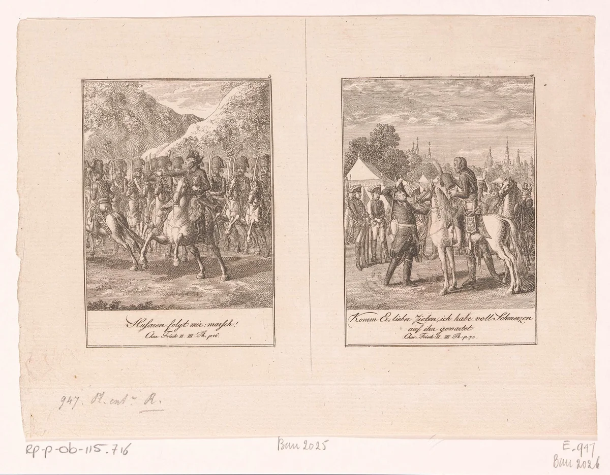 Twee voorstellingen uit de anekdoten van Friedrich II by Daniel Nikolaus Chodowiecki, print, 1800