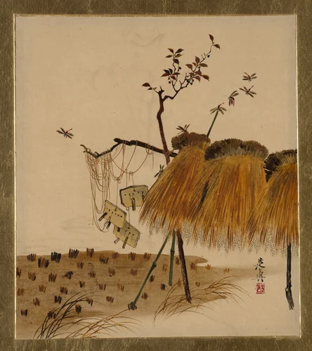 Lacquer Paintings of Various Subjects: Stack of Rice and Dragonflies by Shibata Zeshin (柴田是真), painting, 1882