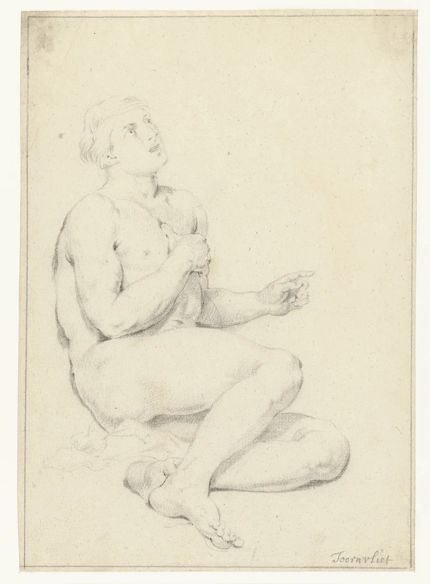 Studie van een zittend mannelijk naakt by Jacob Toorenvliet, drawing, 1650-1719