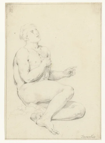 Studie van een zittend mannelijk naakt by Jacob Toorenvliet, drawing, 1650-1719