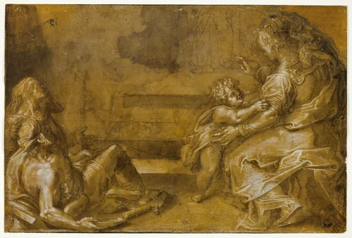 Two Reclining Beggars, and Seated Mother and Child, at Foot of Steps by Girolamo Macchietti, drawing, 1575-1600