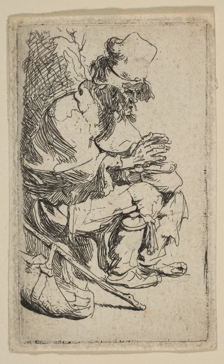 Beggar Seated Warming His Hands at a Chafing Dish by Rembrandt van Rijn, print, 1625-1635