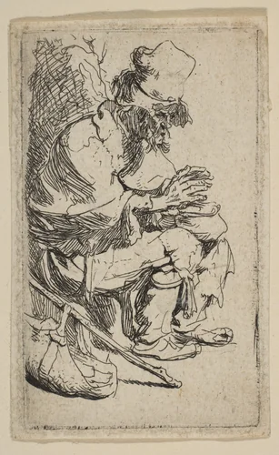 Beggar Seated Warming His Hands at a Chafing Dish by Rembrandt van Rijn, print, 1625-1635