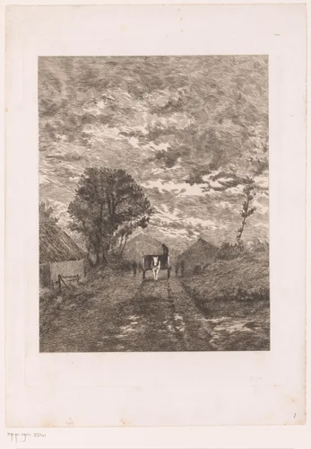 Landweg met een paardenkar langs boerderijen by Jules Guiette, print, 1862-1901