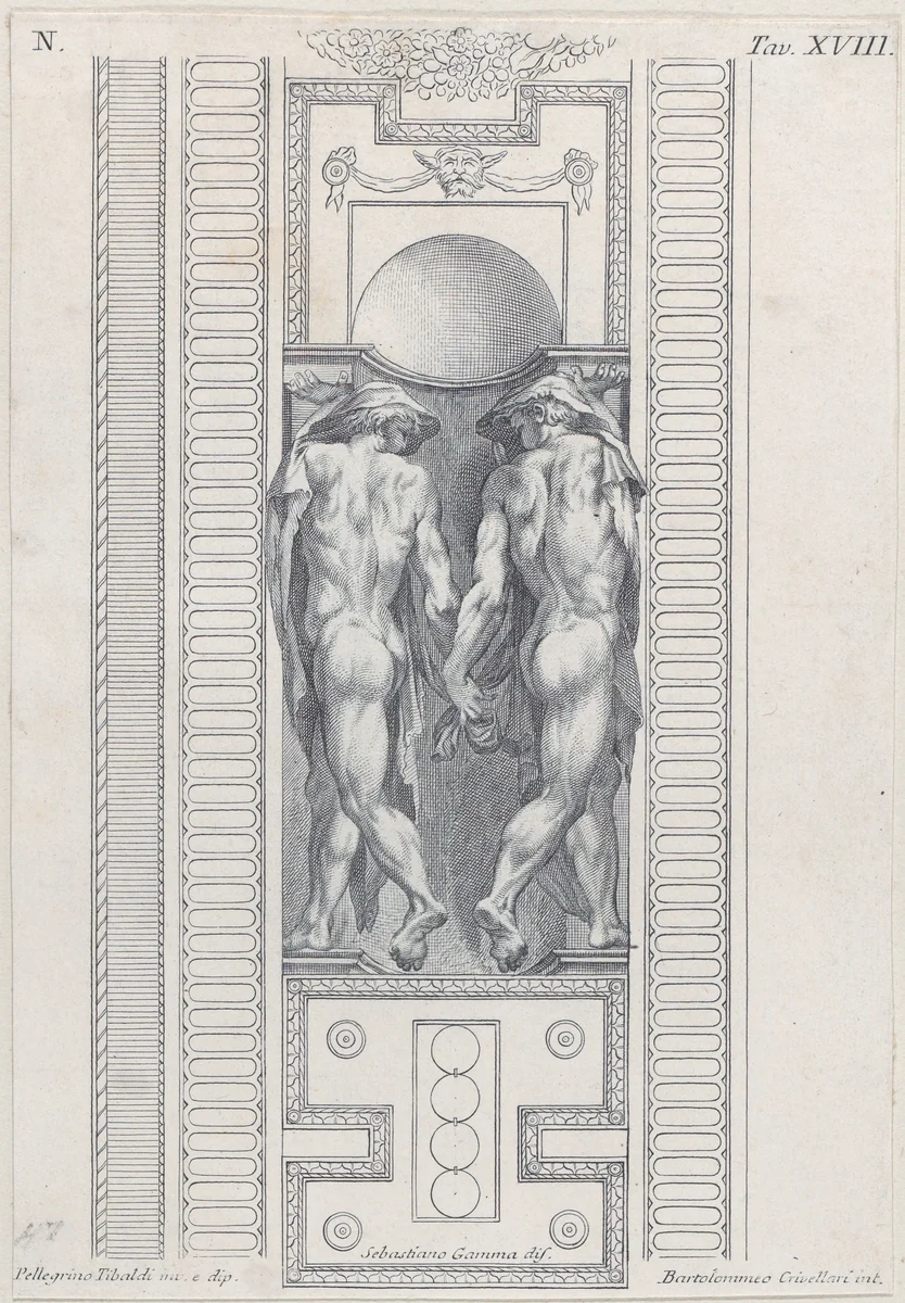 Plate 18: two nude figures wearing veils, seen from behind by Bartolomeo Crivellari, print, 1756