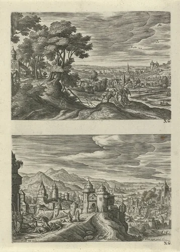 Twee landschappen met de engelen op weg naar Sodom by Unknown, print, 1589-1595