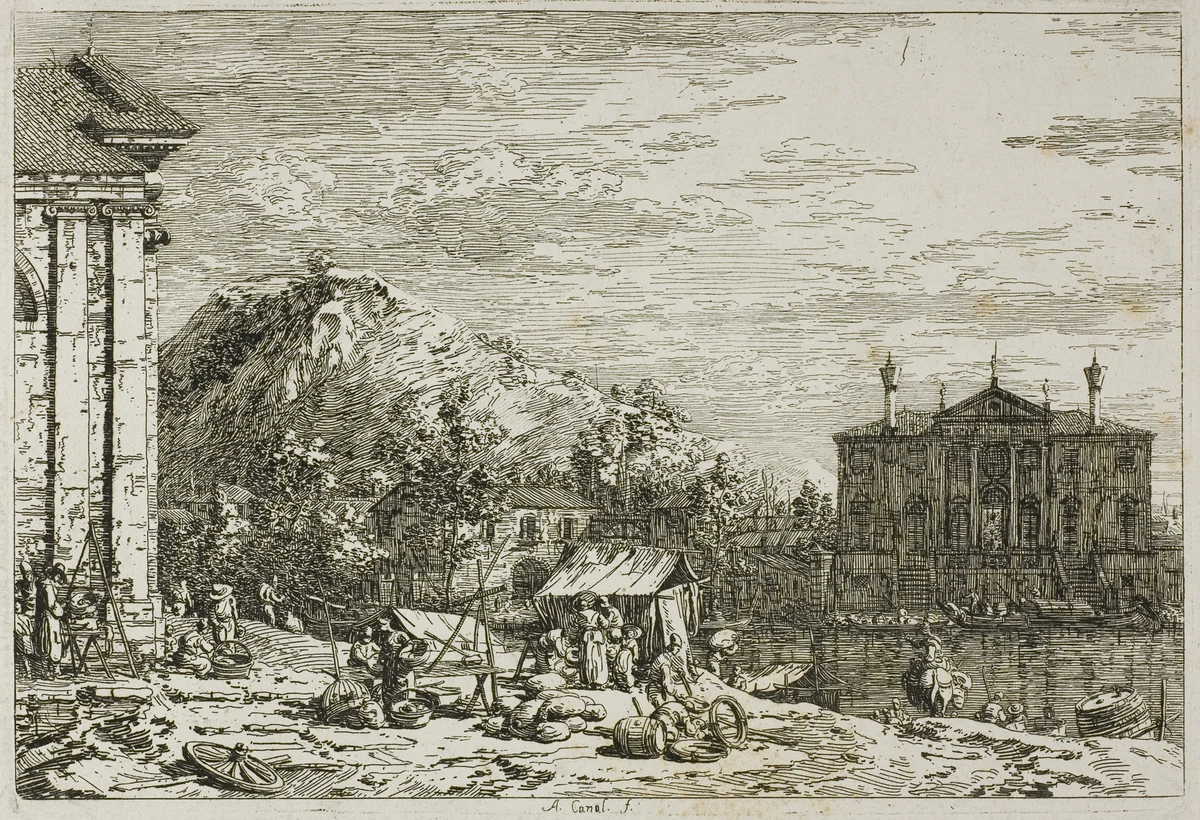 The Market at Dolo, from Vedute by Canaletto, print, 1735-1744