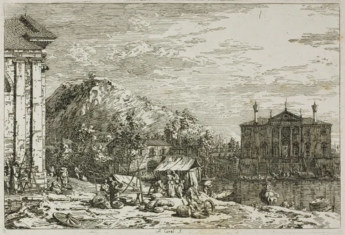 The Market at Dolo, from Vedute by Canaletto, print, 1735-1744