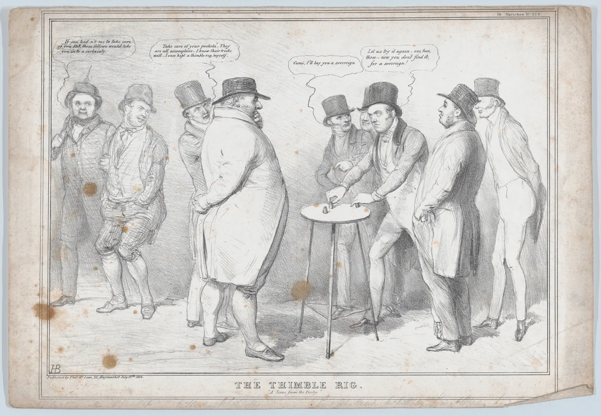The Thimble Rig: "A Scene from the Derby" by John Doyle, print, 1834