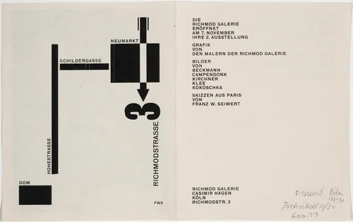Die Richmod Galerie eröffnet am 7. November ihre 2. Ausstellung: Grafik von den Malern der Richmod Galerie by Franz Wilhelm Seiwert, design, 1926