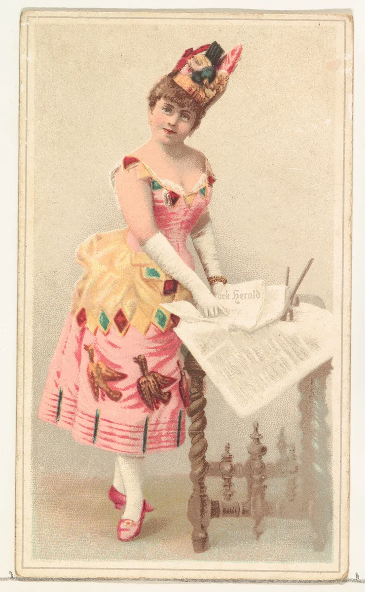 Actress pointing to page in newspaper, from Stars of the Stage, Second Series (N130) issued by Duke Sons & Co. to promote Honest Long Cut Tobacco by W. Duke, Sons & Co., print, 1891