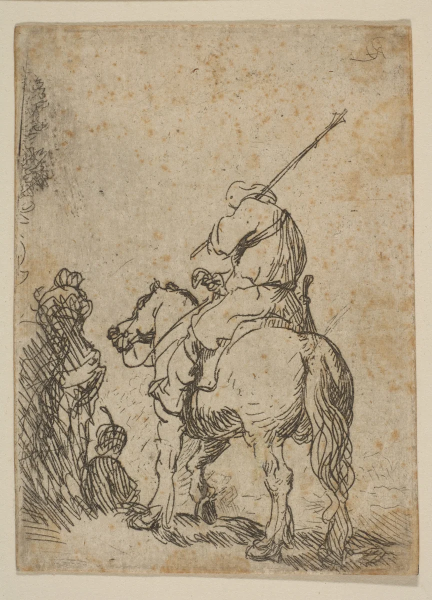Turbaned Soldier on Horseback by Rembrandt van Rijn, print, 1624-1634