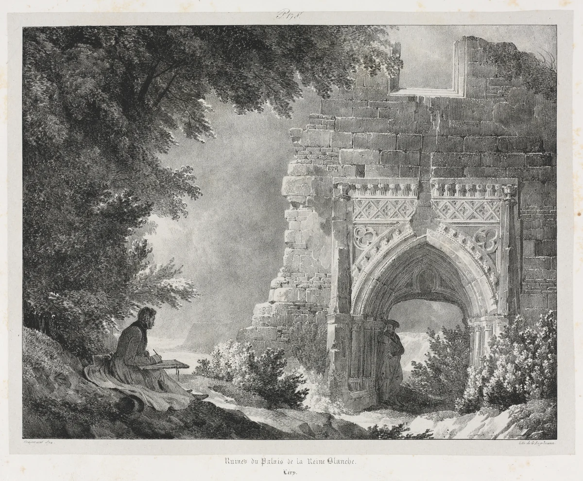 Picturesque and Romantic Journeys in Old France: Ruins of the Palace of the White Queen by Alexandre-Evariste Fragonard, print, 1824