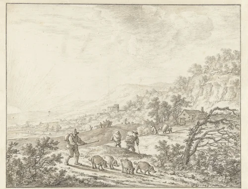 Bergachtig landschap met zonsondergang by Herman Saftleven, drawing, 1649