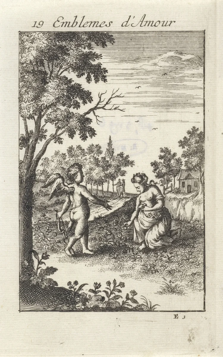 Amor bij een vrouw die bloemen plukt by Jan van Vianen, print, 1686