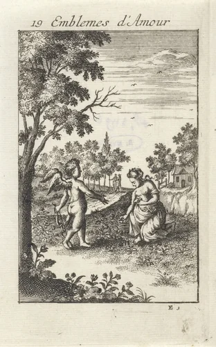 Amor bij een vrouw die bloemen plukt by Jan van Vianen, print, 1686
