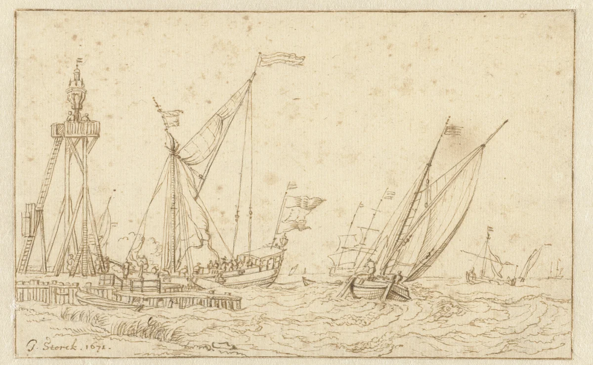 Zeilschepen bij een steiger met een grote lantaarn by Jacobus Storck, drawing, 1671