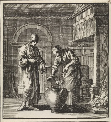 Vrouw stopt een gloeiende kool in de doofpot by Jan Luyken, print, 1711
