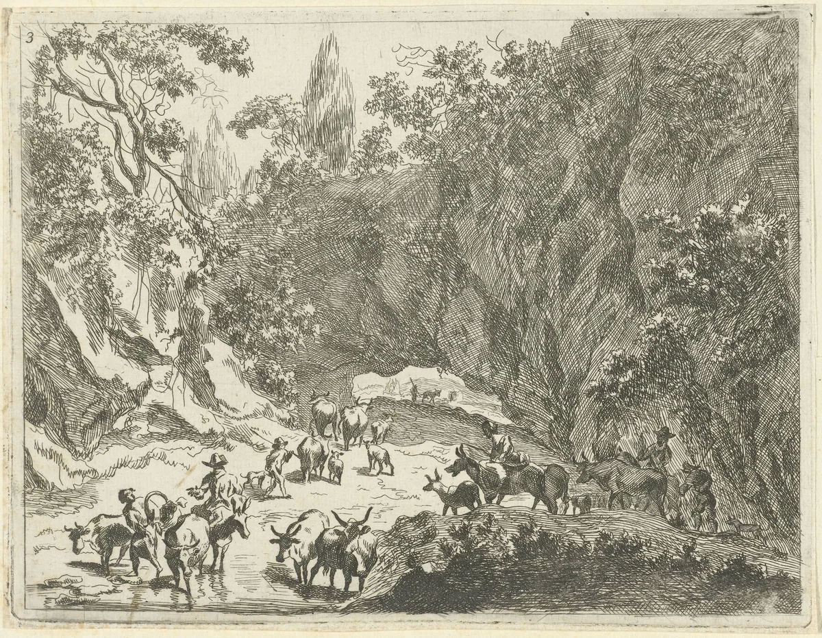Berglandschap met herders en vee by Johannes Gronsveld, print, 1679-1728