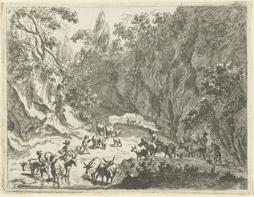 Berglandschap met herders en vee by Johannes Gronsveld, print, 1679-1728