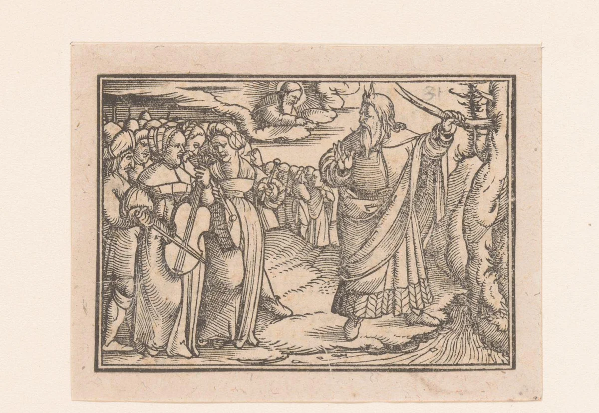 Mozes met zingende en dansende vrouwen by anonymous, print, 1522