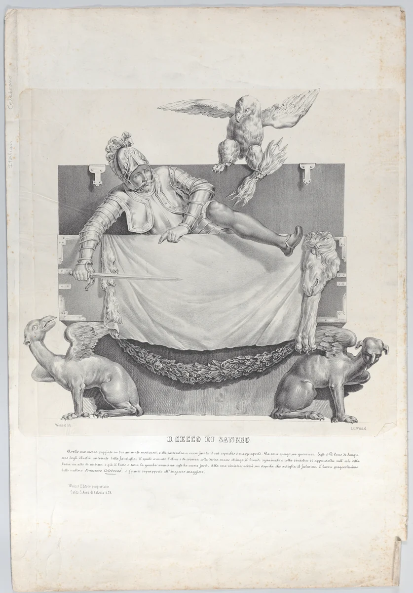 Monument to Cecco di Sangro in the Sansevero Chapel, Naples by Francesco Wenzel, print, 1827-1850