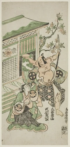 The Actors Segawa Kikujiro I as Nobutsura's wife Karumo and Otani Oniji I as Tahara Matataro in the play "Shusse Momijigari," performed at the Ichimura Theater in the eleventh month, 1747 by Torii Kiyonobu II, print, 1747