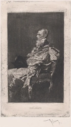 The Diplomat, man seated holding hat facing left by Mariano Fortuny, print, 1860-1870