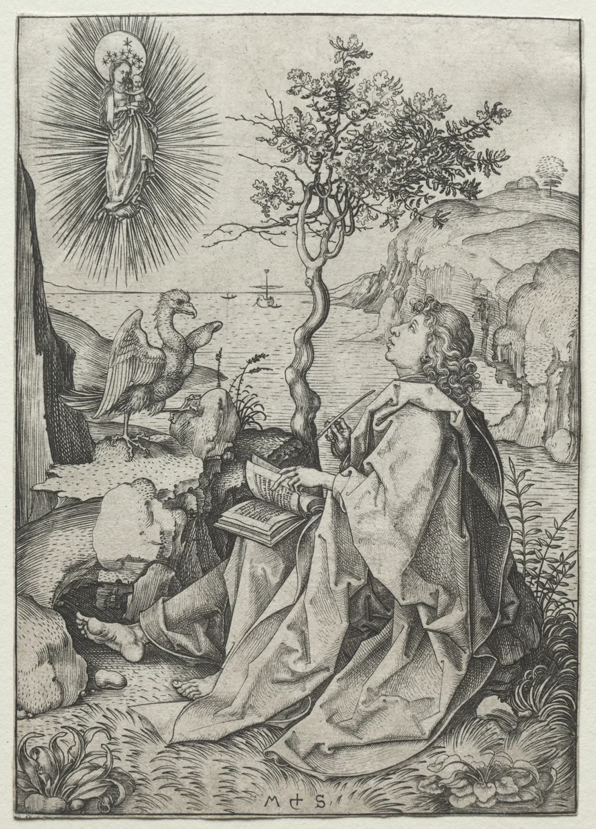 St. John the Evangelist on the Isle of Patmos by Martin Schongauer, print, 1470-1485