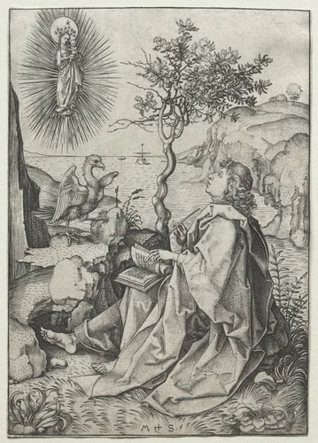 St. John the Evangelist on the Isle of Patmos by Martin Schongauer, print, 1470-1485