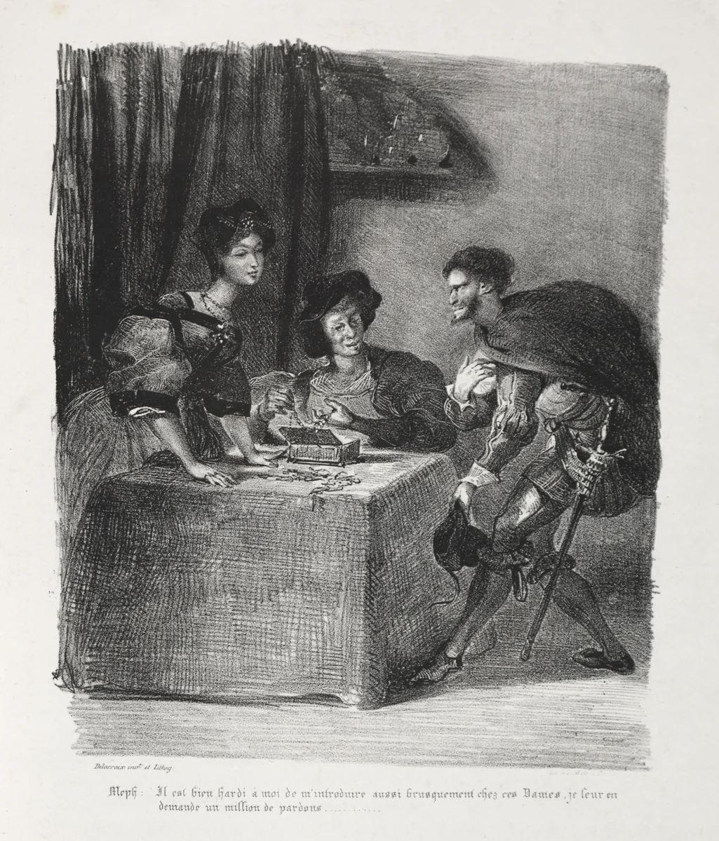 Illustrations for Faust: Méphistophelés is at Marthe by Eugène Delacroix, print, 1828