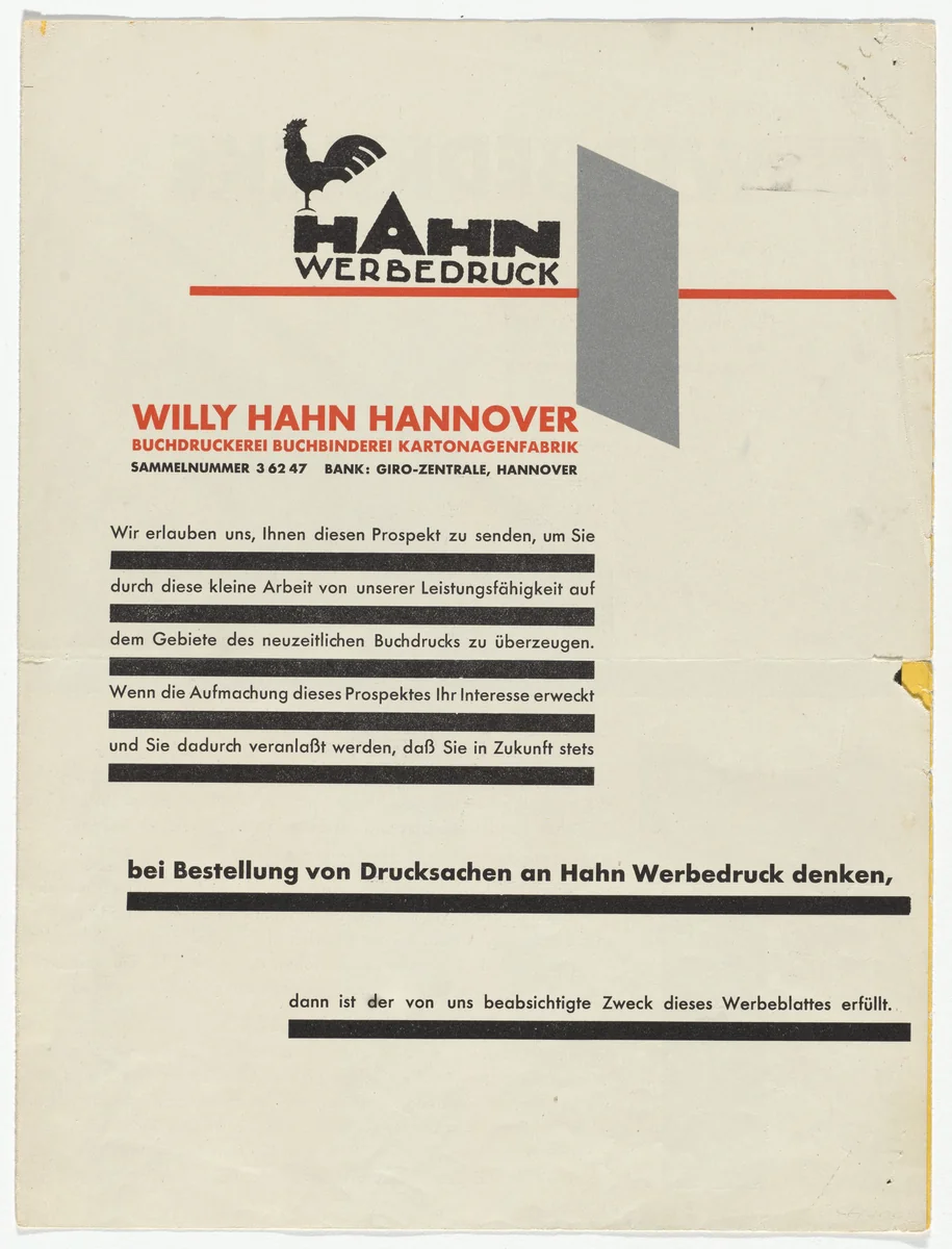 Hahn Werbedruck advertisement by Kurt Schwitters, design, 1930