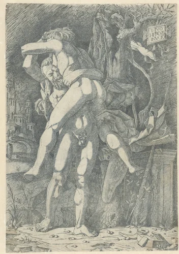 Hercules and Antaeus by Nicoletto da Modena, print, 1490-1500