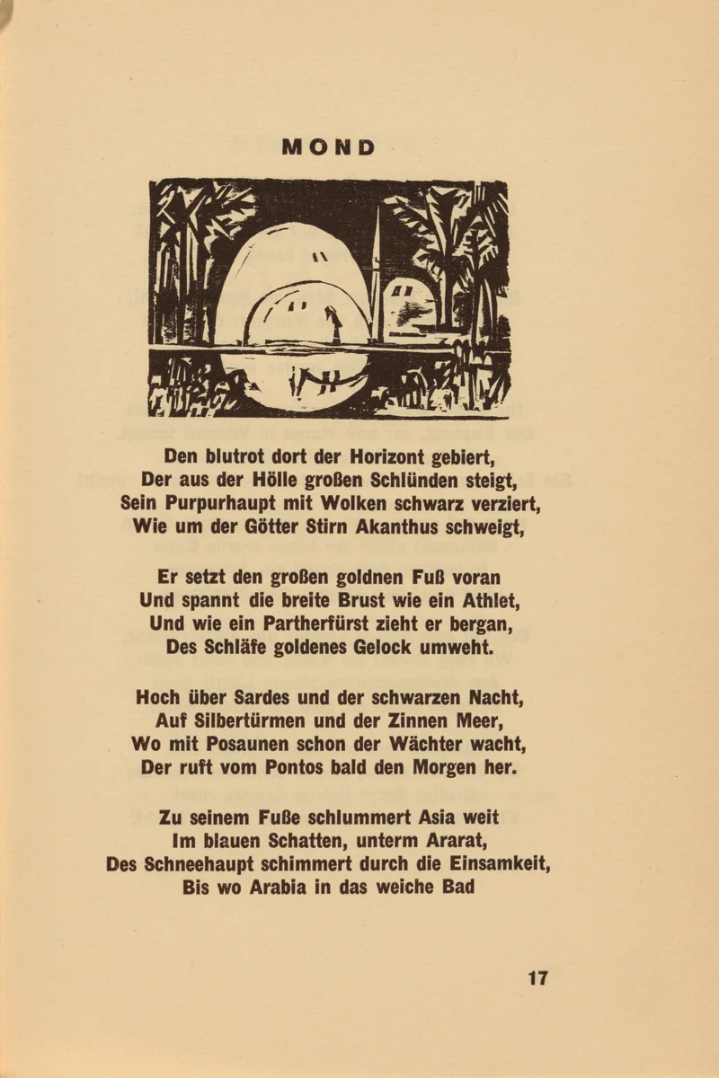 Mond (Moon) (headpiece, page 17) from Georg Heym: Umbra Vitae (Georg Heym: The Shadow of Life) by Ernst Ludwig Kirchner, volume, 1924