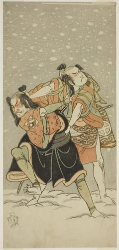 The Actors Otani Hiroji III as Kameo (right), and Sakata Sajuro I as Ario (left), in the Play Hime Komatsu Ne no Hi Asobi, Performed at the Ichimura Theater in the Ninth Month, 1768 by Katsukawa Shunsho (勝川 春章), print, 1763-1773