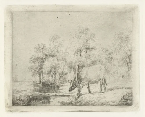 Landschap met een koe naast een sloot by Antonie Franciscus Dona, print, 1817-1877