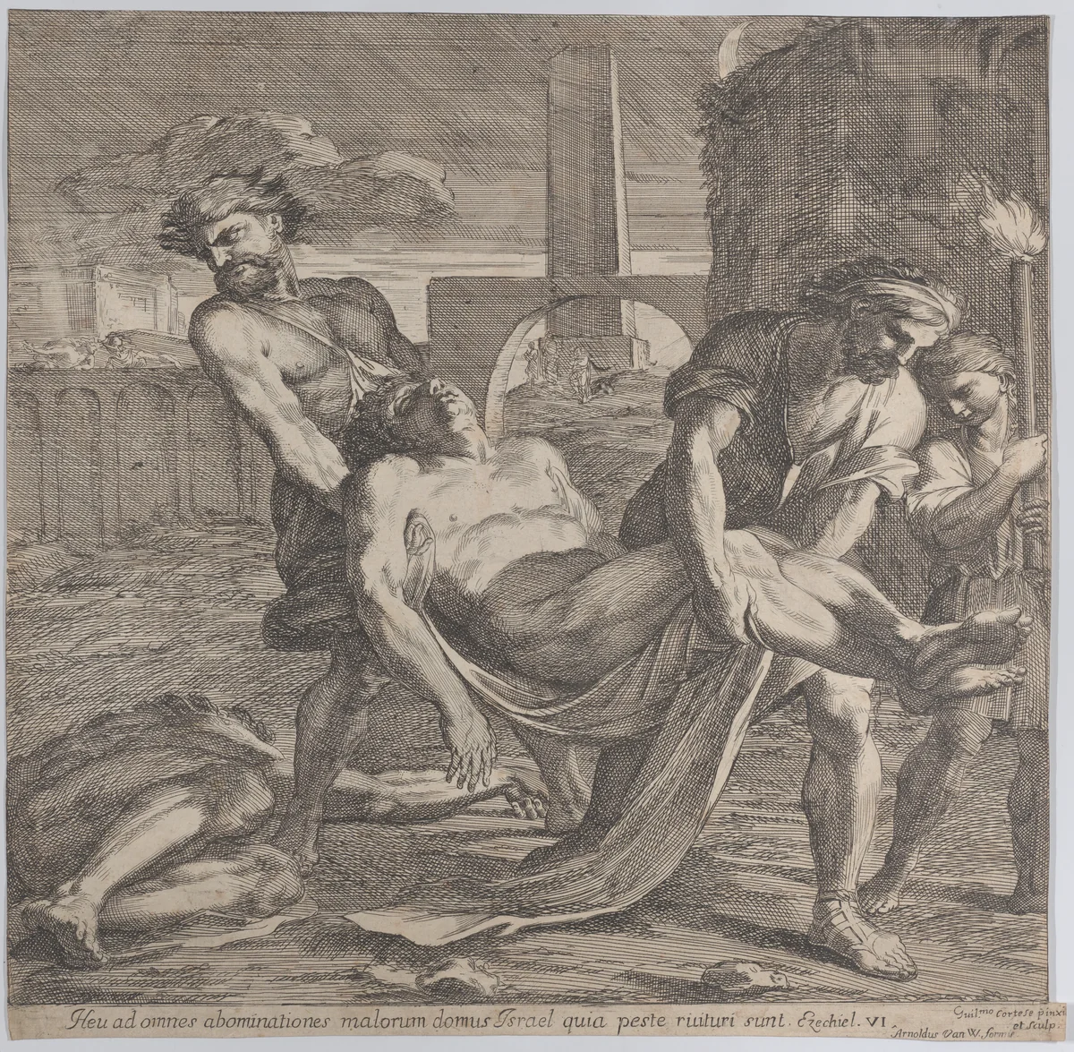 Abdon and Sennen carrying the early Christian martyrs off for burial by Guillaume Courtois, print, 1650-1660