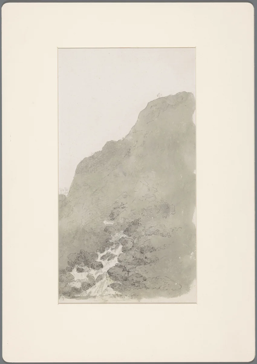 Bergbeek gezien tegen het egale grijs van een bergrug by David de Sandoz-Rollin, drawing, 1750-1809