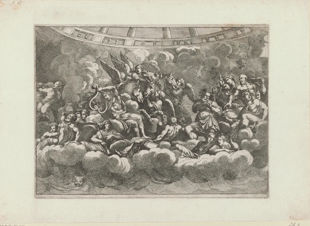 Mythologische figuren tussen wolken by Pietro Sante Bartoli, print, 1693-1700