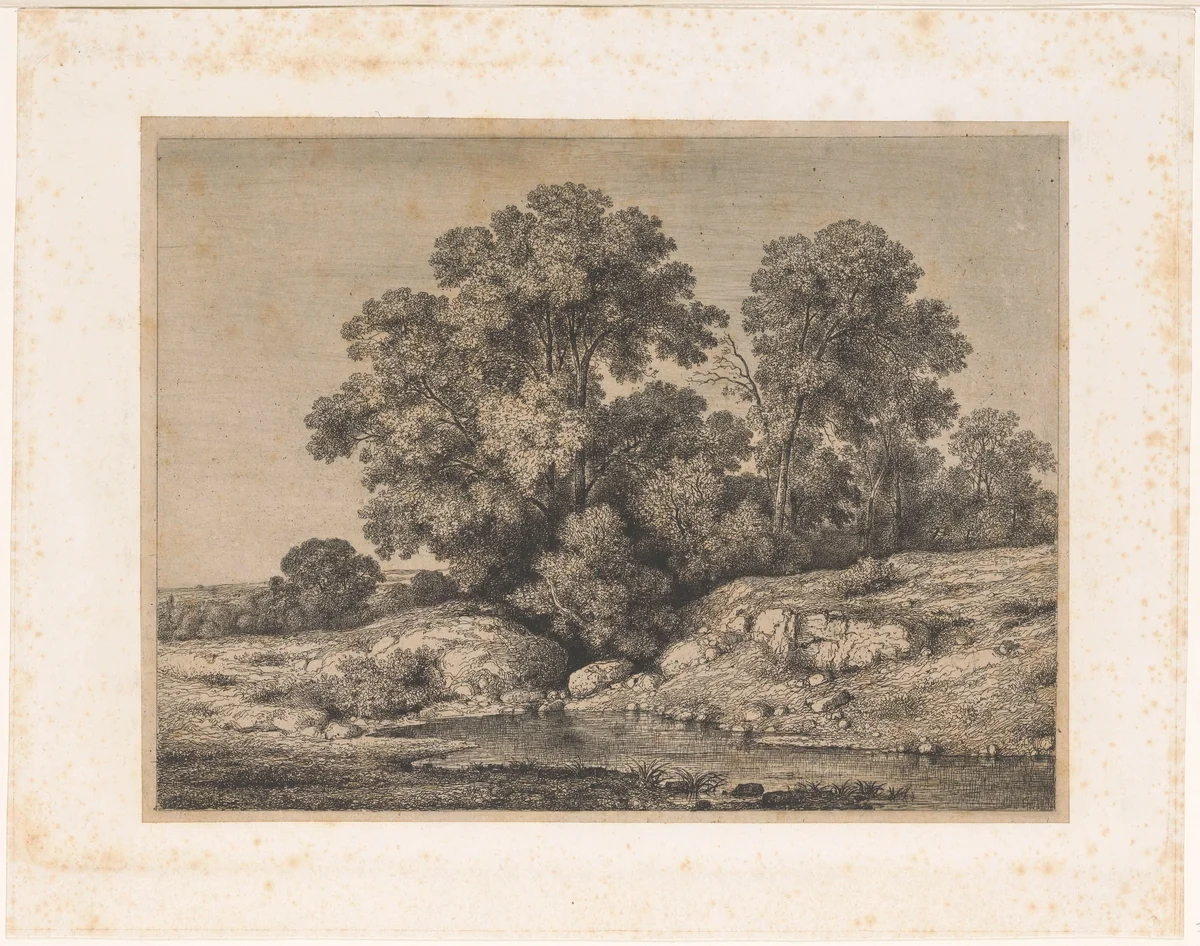 Poel aan de voet van een groep bomen by Jean Alexis Achard, print, 1850