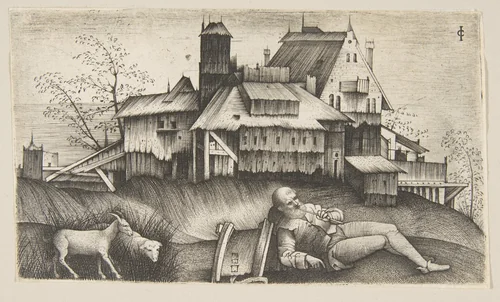 The old shepherd lying in a landscape, buildings behind, a goat and a sheep to the left by Giulio Campagnola, print, 1500-1515