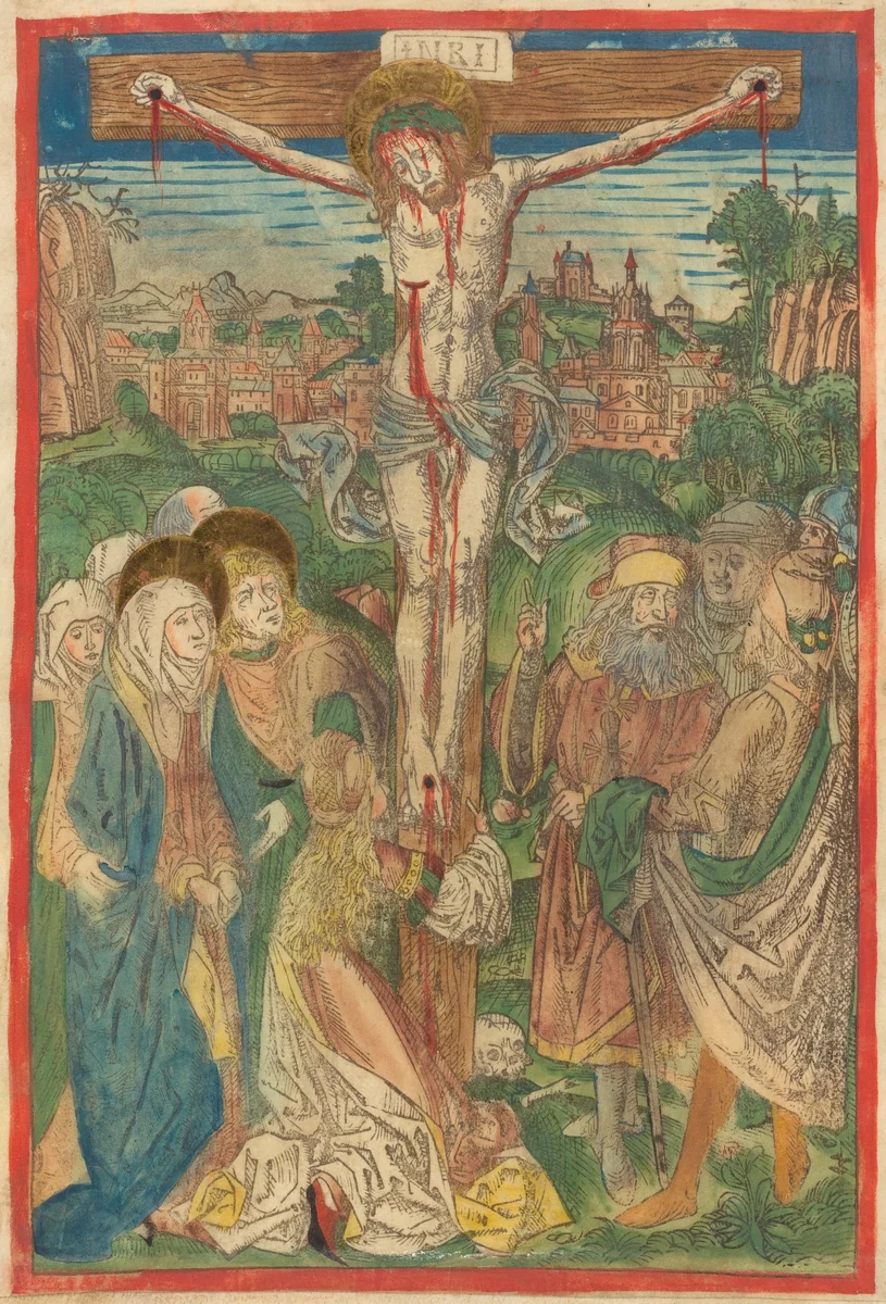 The Crucifixion with Saint Mary Magdalene by Michael Wolgemut, print, 1490