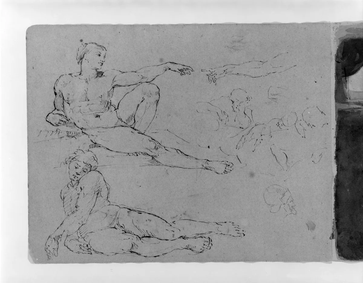 Creation of Adam; Sleeping Adam, after Michaelangelo; Other Figures; Profile of Head of Man in Helmut (from Sketchbook) by Thomas Sully, artwork, 1810-1820