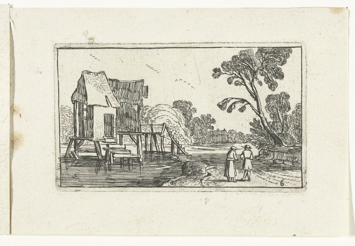 Pad langs een rivier met gebouw op palen by anonymous, print, 1610-1617