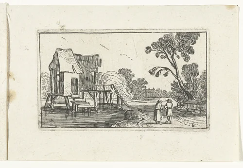 Pad langs een rivier met gebouw op palen by anonymous, print, 1610-1617