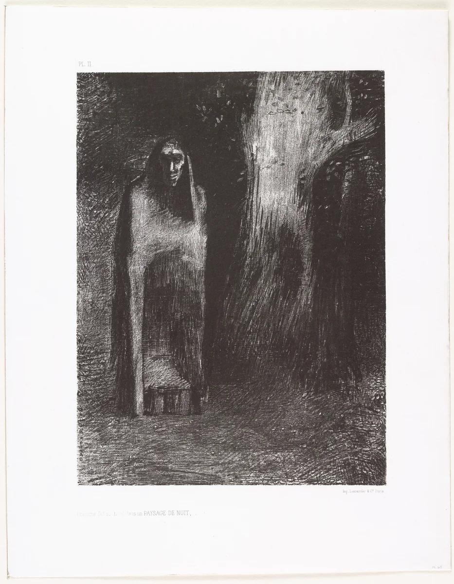 The Man Was Alone in a Night Landscape (L'Homme fut solitaire dans un paysage de nuit) by Odilon Redon, print, 1886