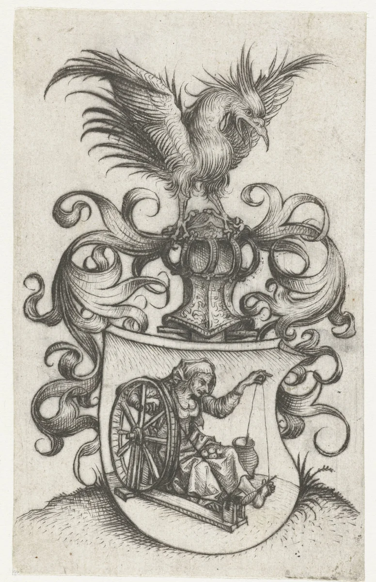 Wapenschild met oude twijnende vrouw by Meester van het Amsterdamse Kabinet, print, 1488-1492