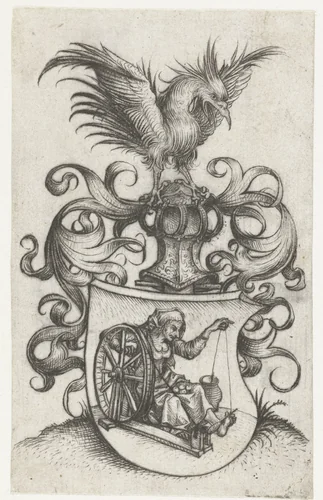 Wapenschild met oude twijnende vrouw by Meester van het Amsterdamse Kabinet, print, 1488-1492